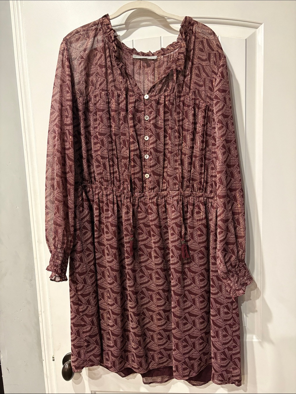 Daniel Rainn Long-Sleeve Printed Peasant Dress — Burgundy Plum